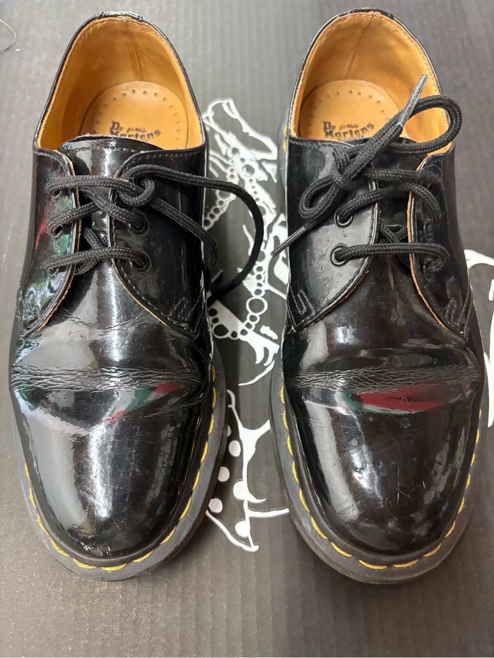 Dr. Martens Kids Black Patent Oxford Shoes with Yellow Stitching
